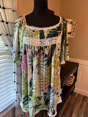 Tropical Print Peasant Tunic with Lace Trim - Green Multi